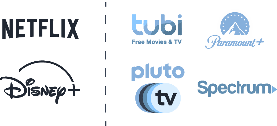 Logos of tubi, paramount+, Pluto tv and spectrum.